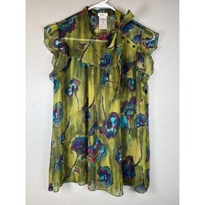 Studio Y Womens XL Green Floral Tie Neck Ruffle Sleeve Blouse Sheer Spring